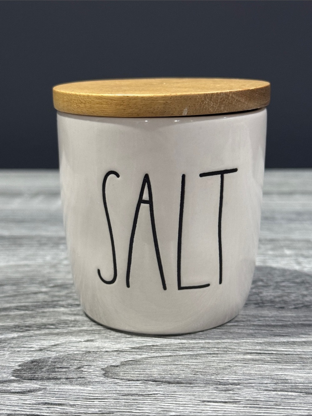 Rae Dunn | Ceramic “Salt” Cellar Canister with Wooden Lid